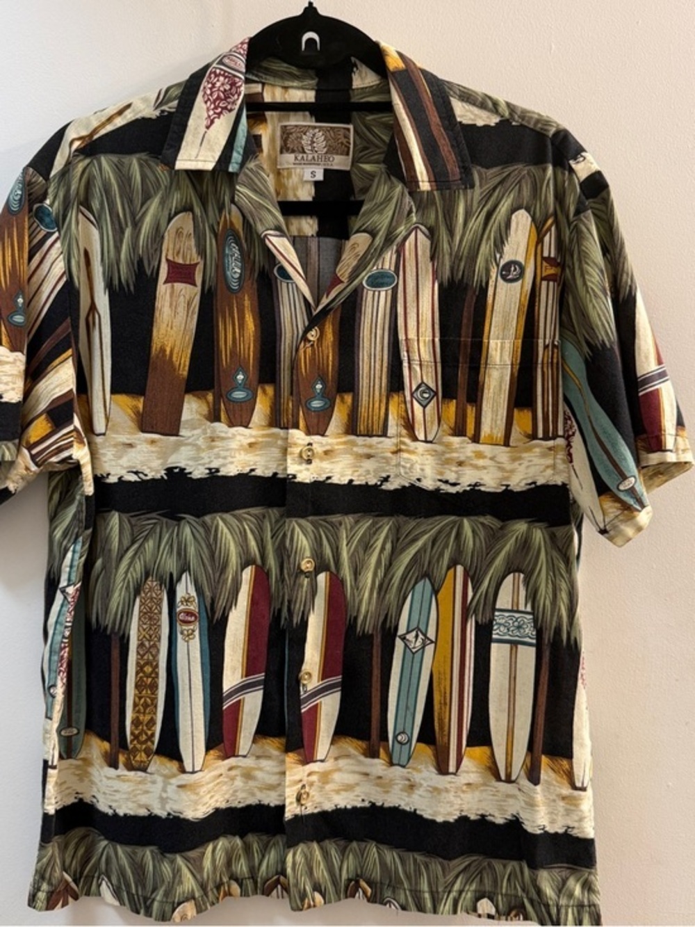 Kalaheo Hawaiian Aloha Shirt Small Surfboard Print Made in Hawaii Cotton Rayon